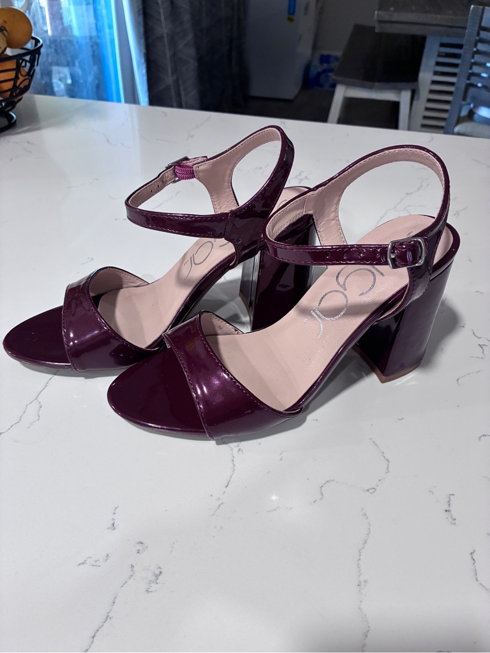 Sugar Patent Plum Block Heel Ankle-Strap Sandals